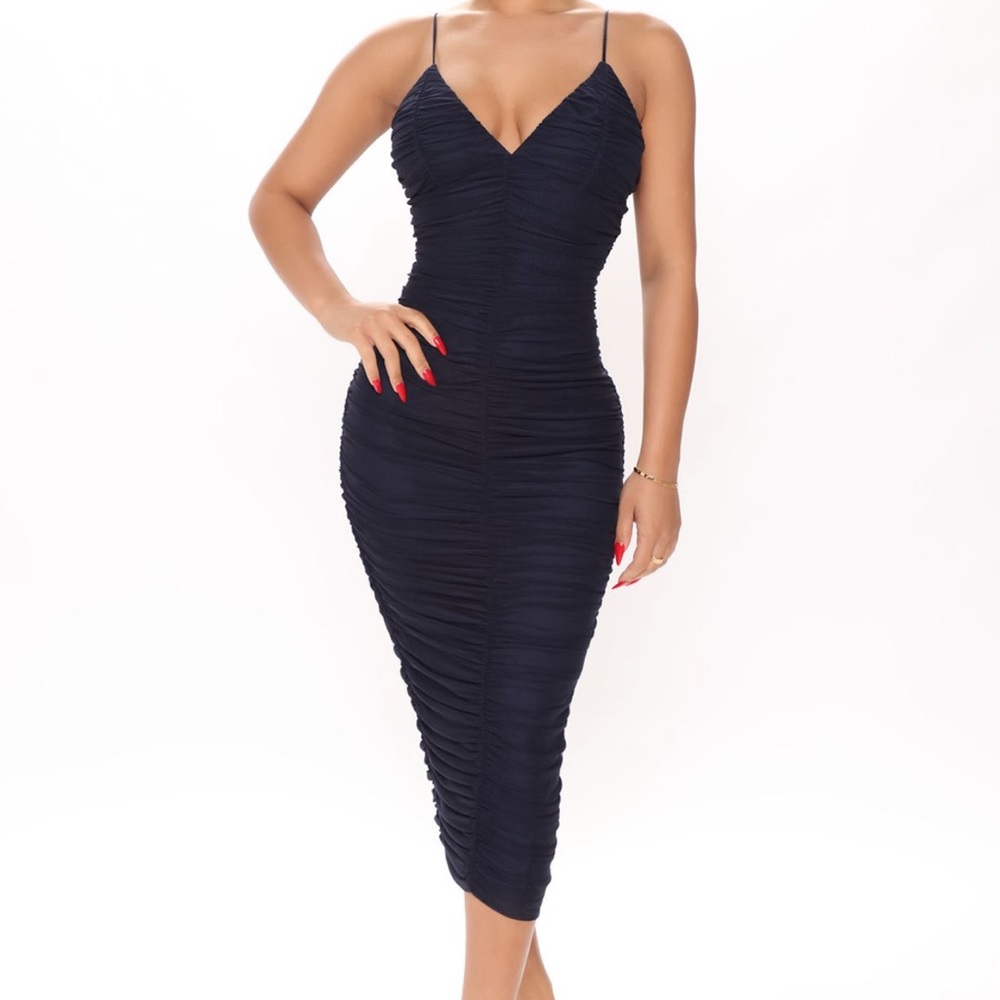 Ruched spaghetti strap navy dress